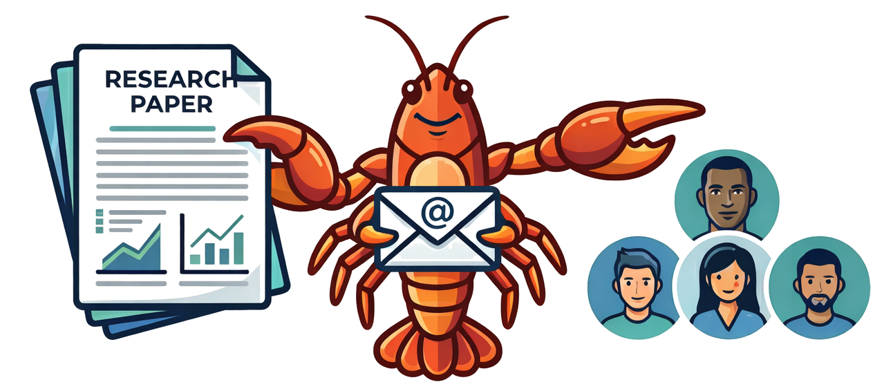 Scholar Connect logo showing a research paper, a lobster holding an email, and connected researchers
